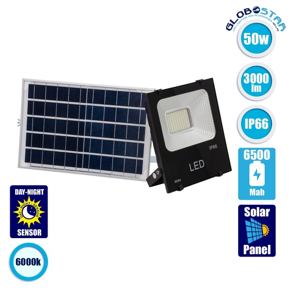 GloboStar® 90202 Αυτόνομος Ηλιακός Φωτοβολταϊκός Προβολέας LED 50W 3000lm με Ενσωματωμένη Μπαταρία 6500mAh